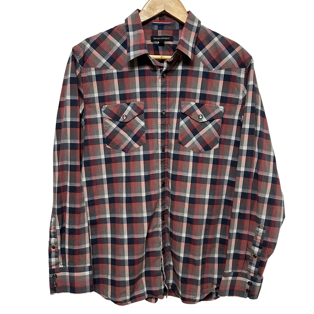 Banana Republic Pearl Snap Western Shirt Mens Large Plaid Long Sleeve Cowboy